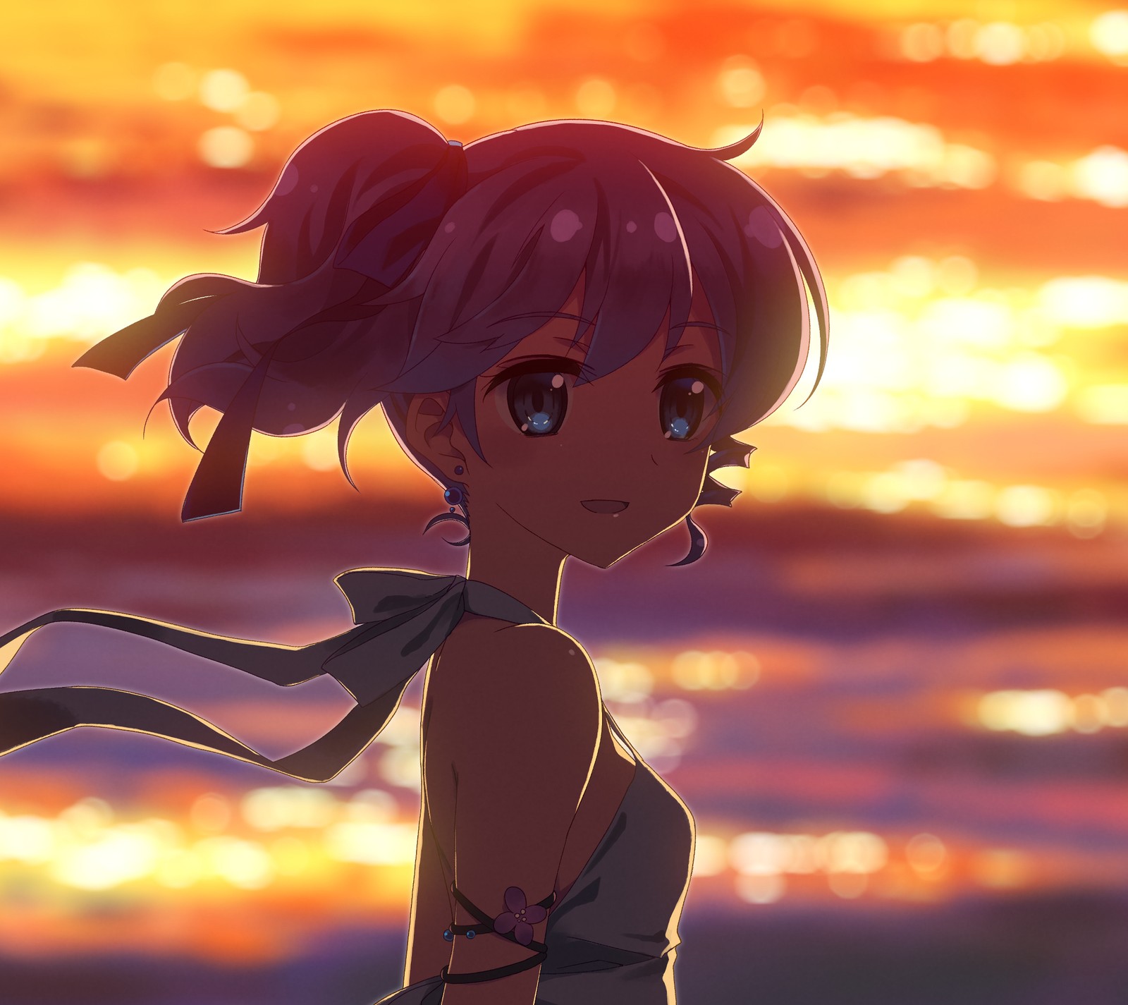 Chica de anime con coleta en la playa al atardecer mirando el océano (anime, niña, atardecer)