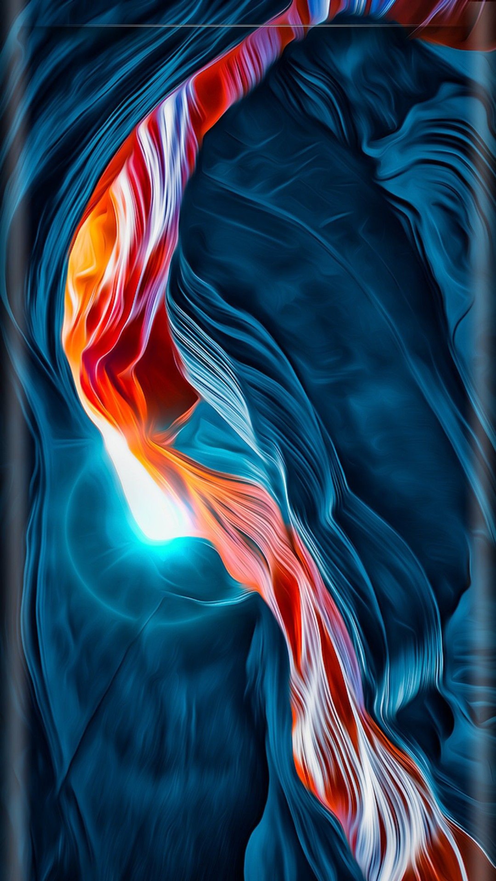 Abstract photograph of a colorful swirl of liquid flowing through a dark blue background (blue, red, canyon, waves, light)