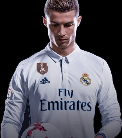 Cristiano Ronaldo con la camiseta blanca del Real Madrid, sosteniendo un balón, mostrando su enfoque y determinación.