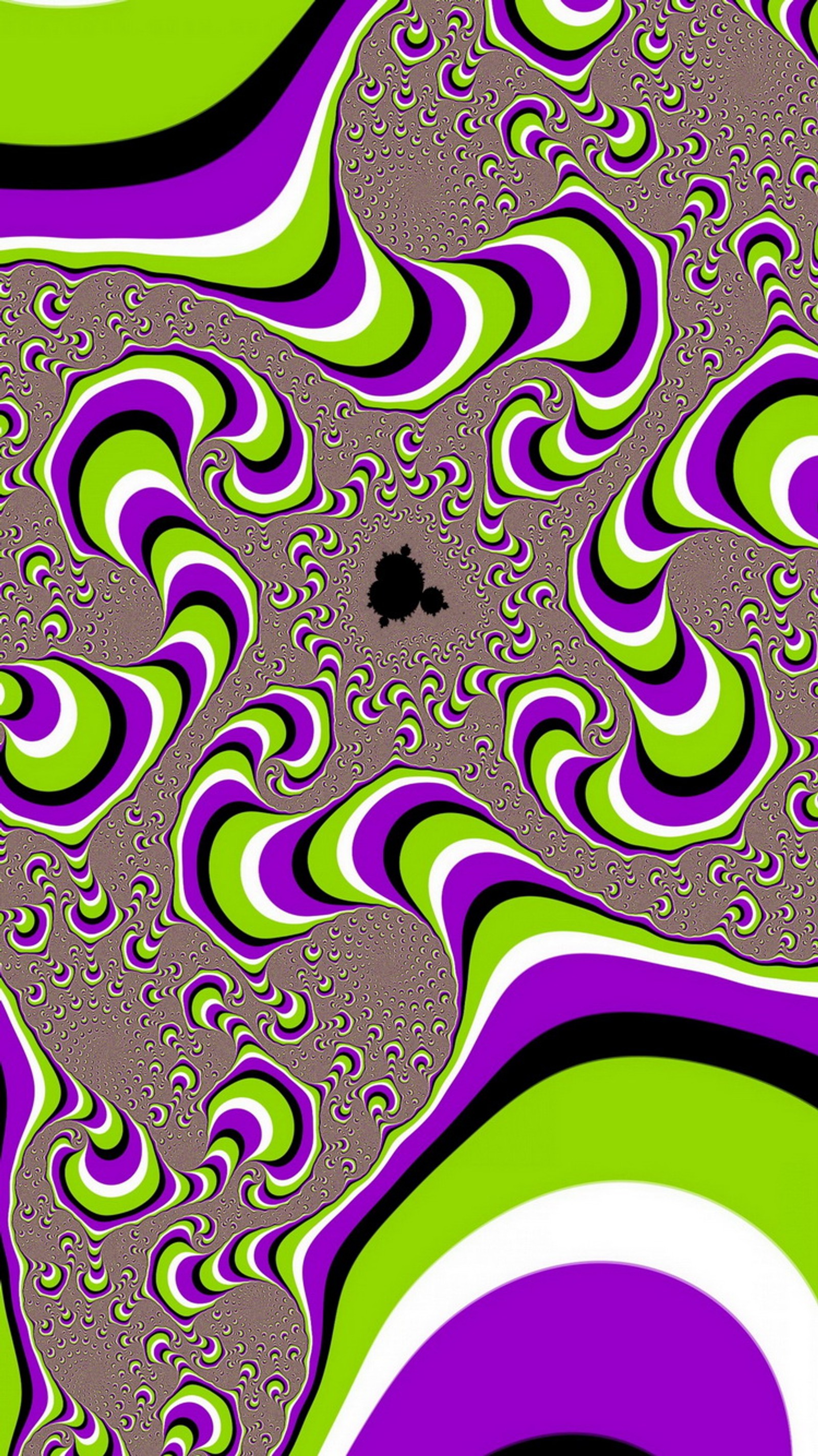 A green and purple swirly pattern with a black dot in the center (art, design, painting)