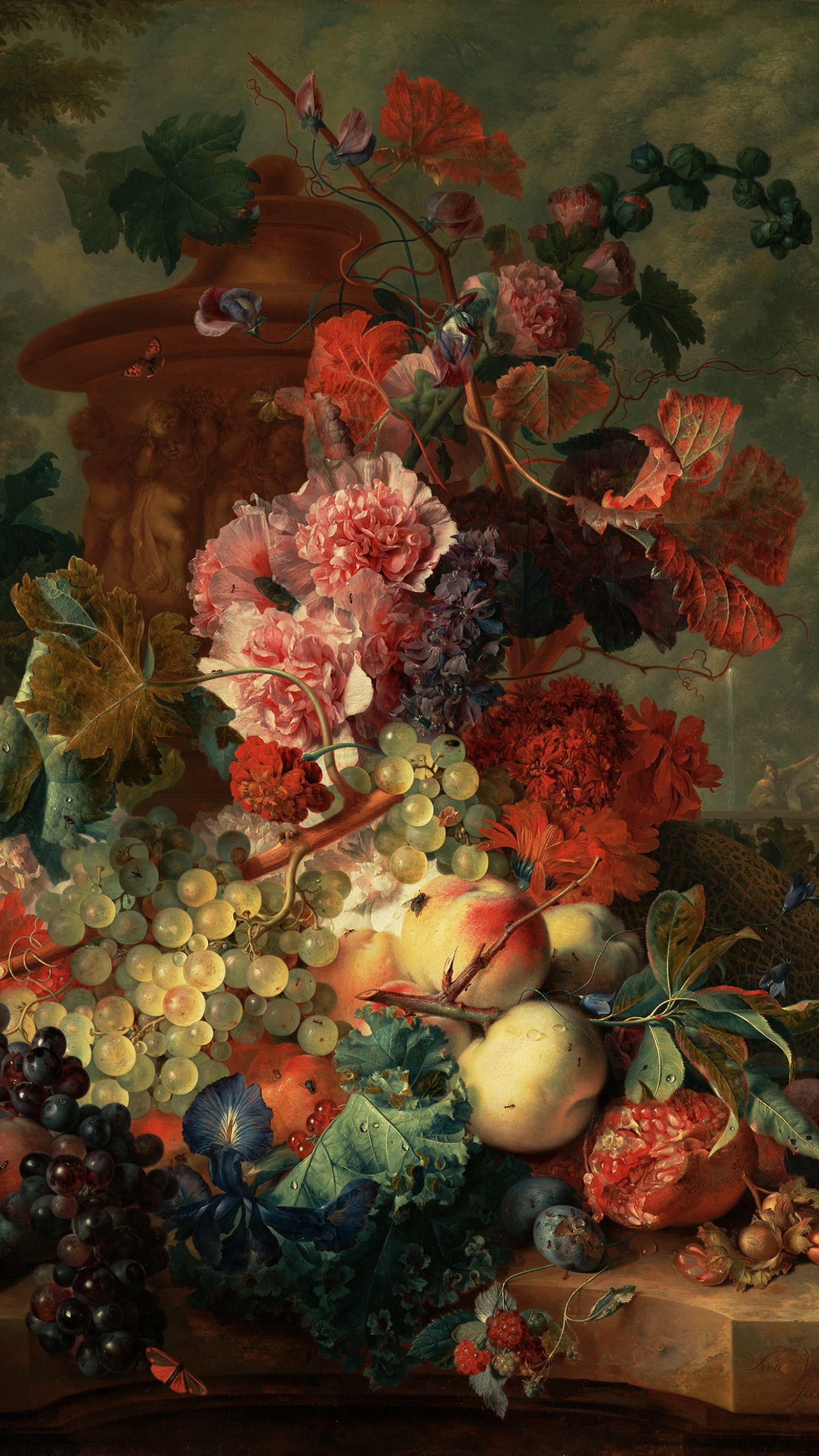 Pintura de uma natureza morta de flores, frutas e outros objetos sobre uma mesa (coral, peixe, tropical)