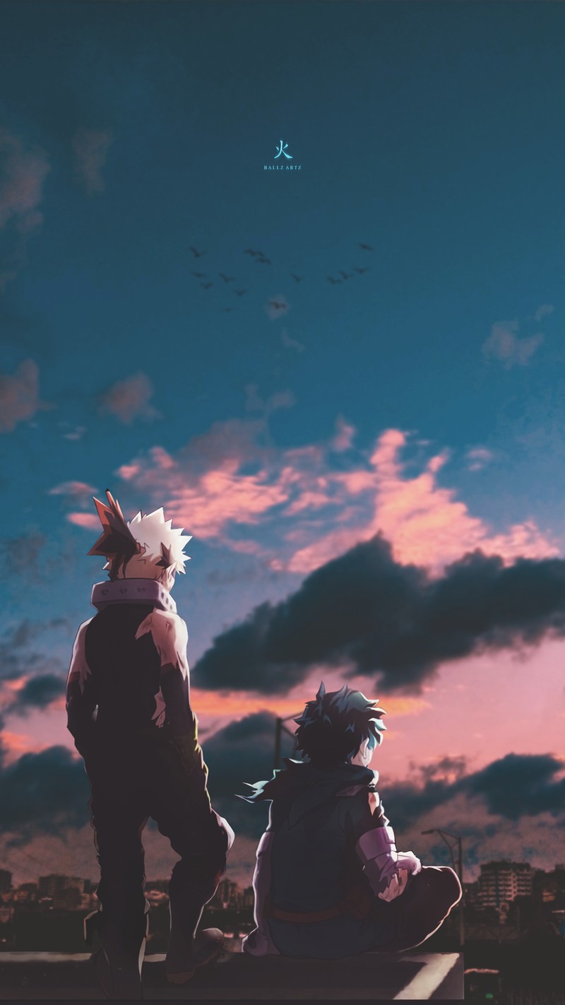 Аниме обои с двумя людьми, смотрящими на самолет (аниме, anime, бакугou, bakugou, deku)