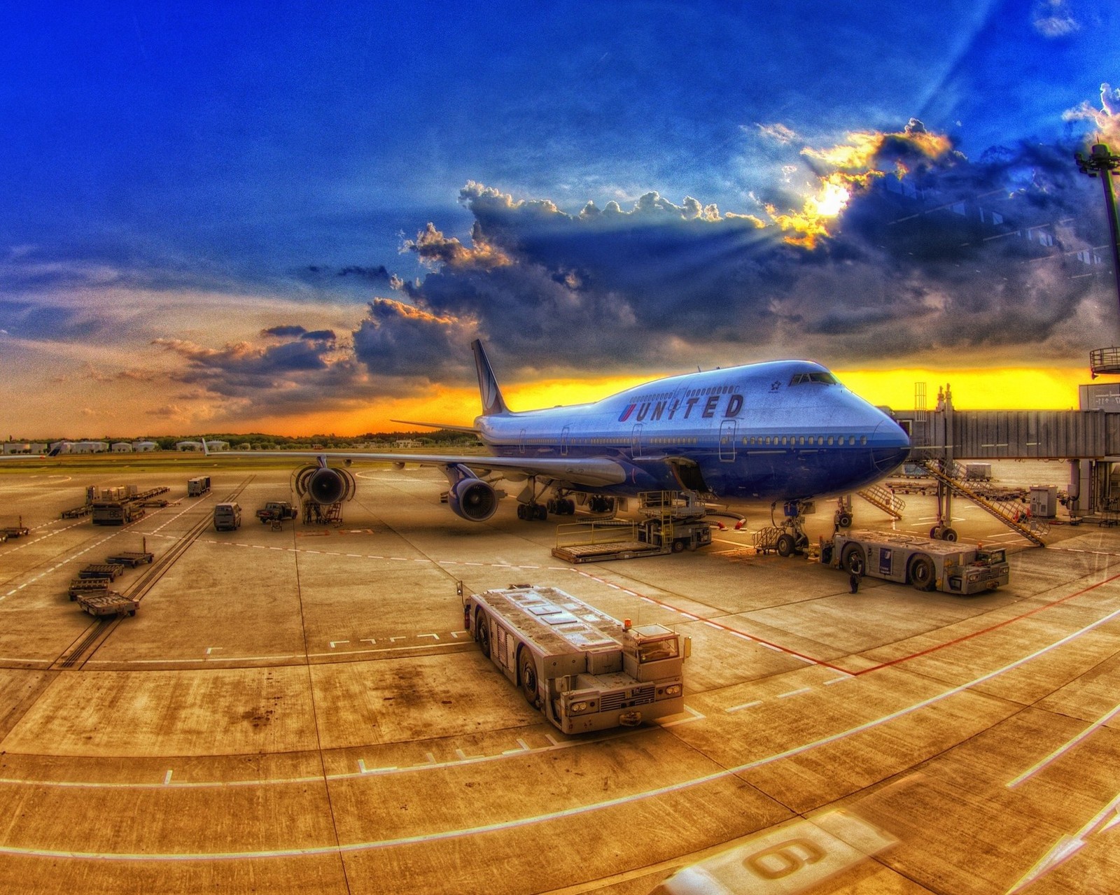 Um avião no aeroporto com bagagem e carrinhos de bagagem. (aeronave, aeroporto, luz do sol)