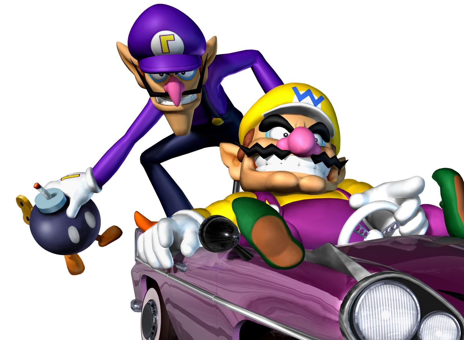 Mario kart y luigi en un coche morado (juego, super mario kart)