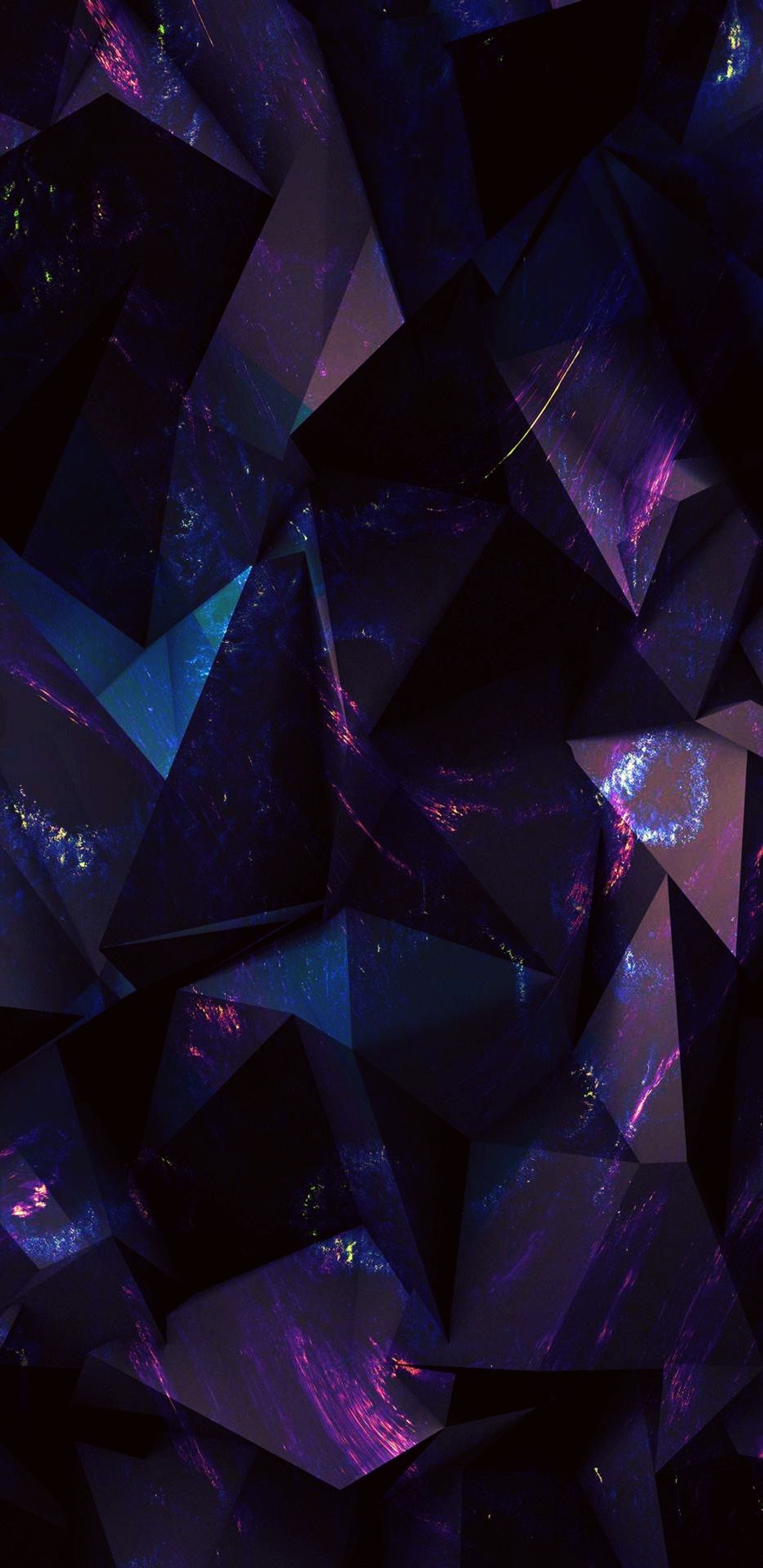 A close up of a bunch of purple and black triangles (abstract, pink, blue)