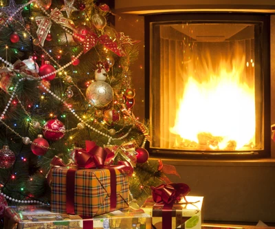 Cozy Holiday Scene with Christmas Tree, Gifts, and Fireplace