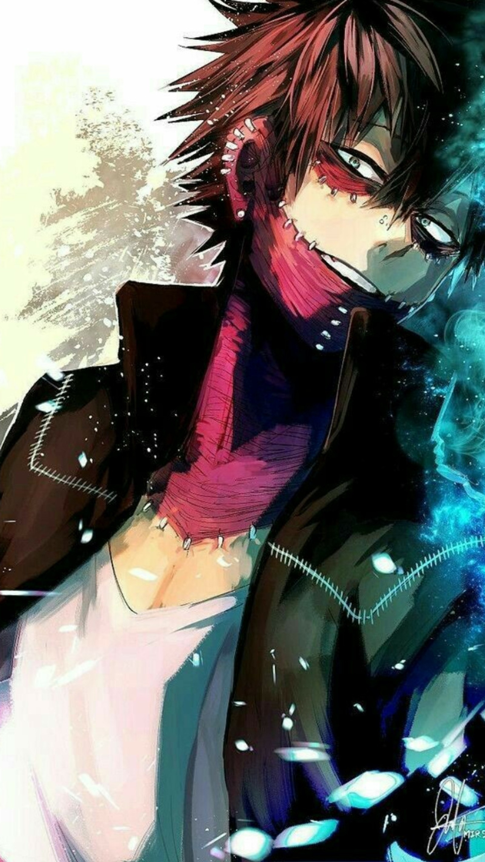 Garçon anime avec des cheveux rouges et des lunettes avec une écharpe rose (bnha, dabi, mha, todoroki)