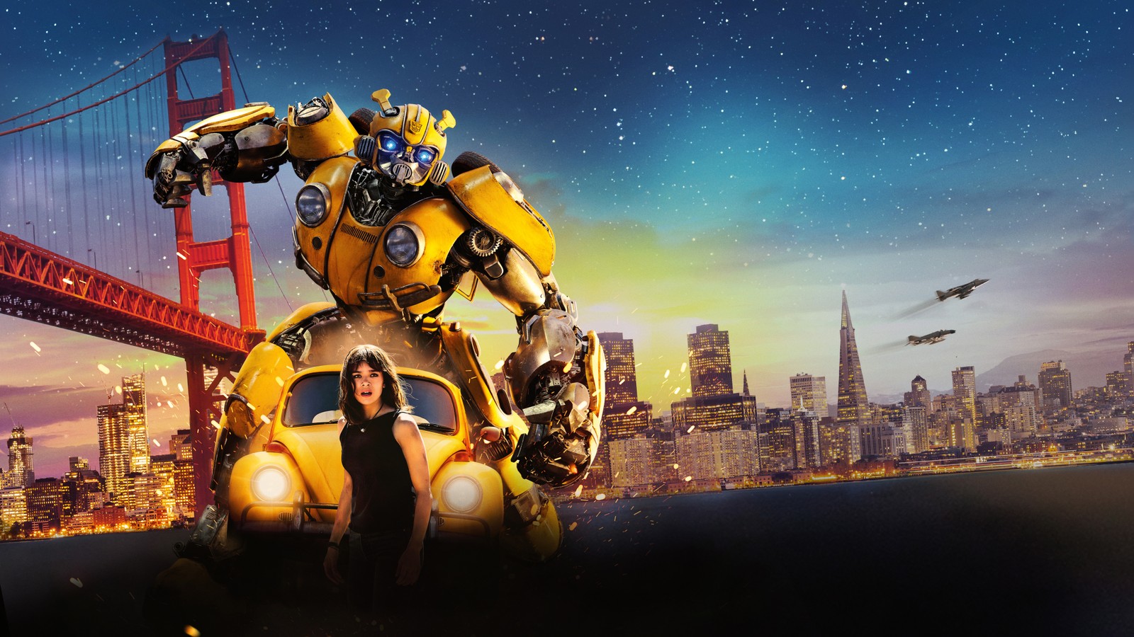 A woman standing in front of a car with a giant robot on it (robot, bumblebee, transformers, astronomical object, space)