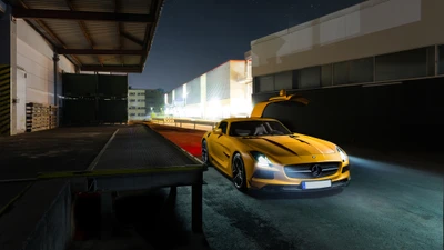 Желтый Mercedes-Benz SLS AMG в индустриальной ночной обстановке