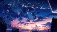 Cubos de hielo flotantes bajo un vibrante cielo de atardecer