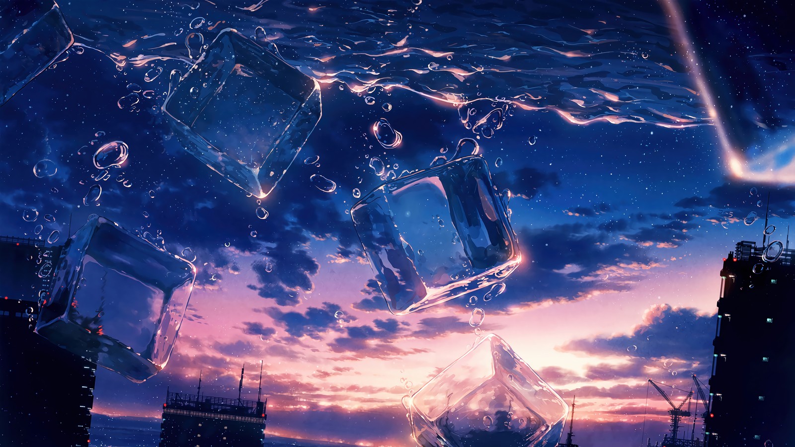 Fondos de anime con un horizonte de ciudad y un fondo de cielo (hielo, cubo, cielo, atardecer, escenario)