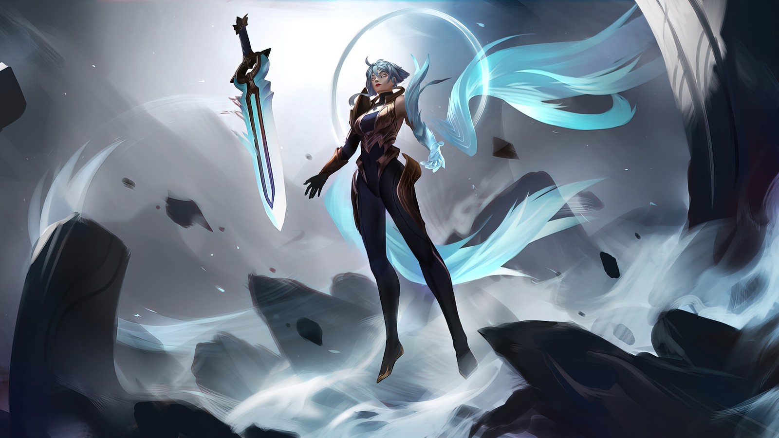 Une femme avec une épée se tenant devant une grotte (riven, dawnbringer, league of legends, lol, jeu vidéo)