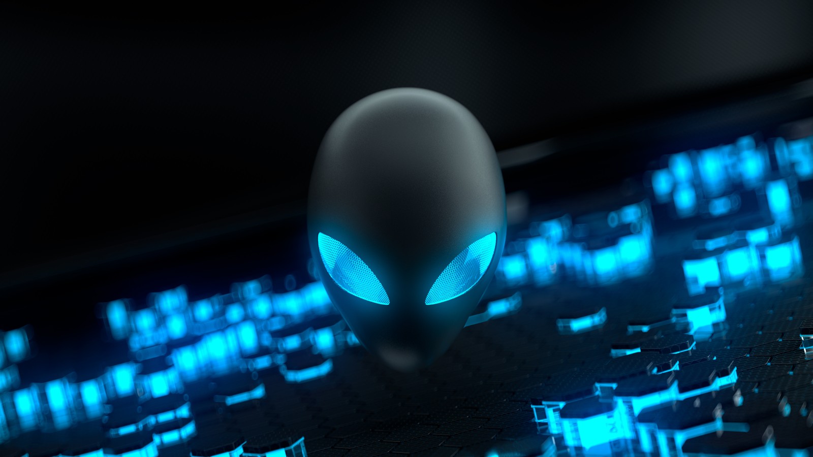 Cabeza de alienígena que parece alienígena en un teclado con luces azules (alienware, azul, ojos brillantes, amoled, acción)