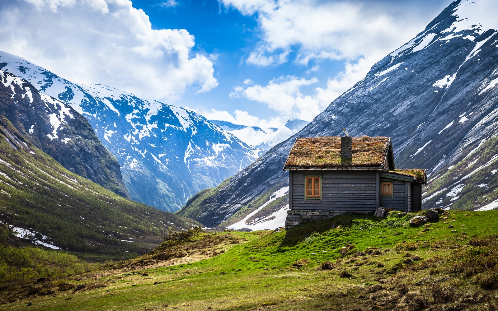 valley house, glacier mountains, snow covered, landscape, scenery wallpaper