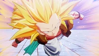 Gotenks en forma de Super Saiyan 3 cargando hacia adelante en Dragon Ball Z: Kakarot