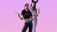 Personagens estilizados de Fortnite em um fundo rosa nevoento