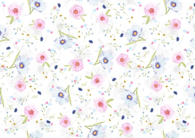 Motifs floraux délicats avec des fleurs roses et bleues sur un fond blanc