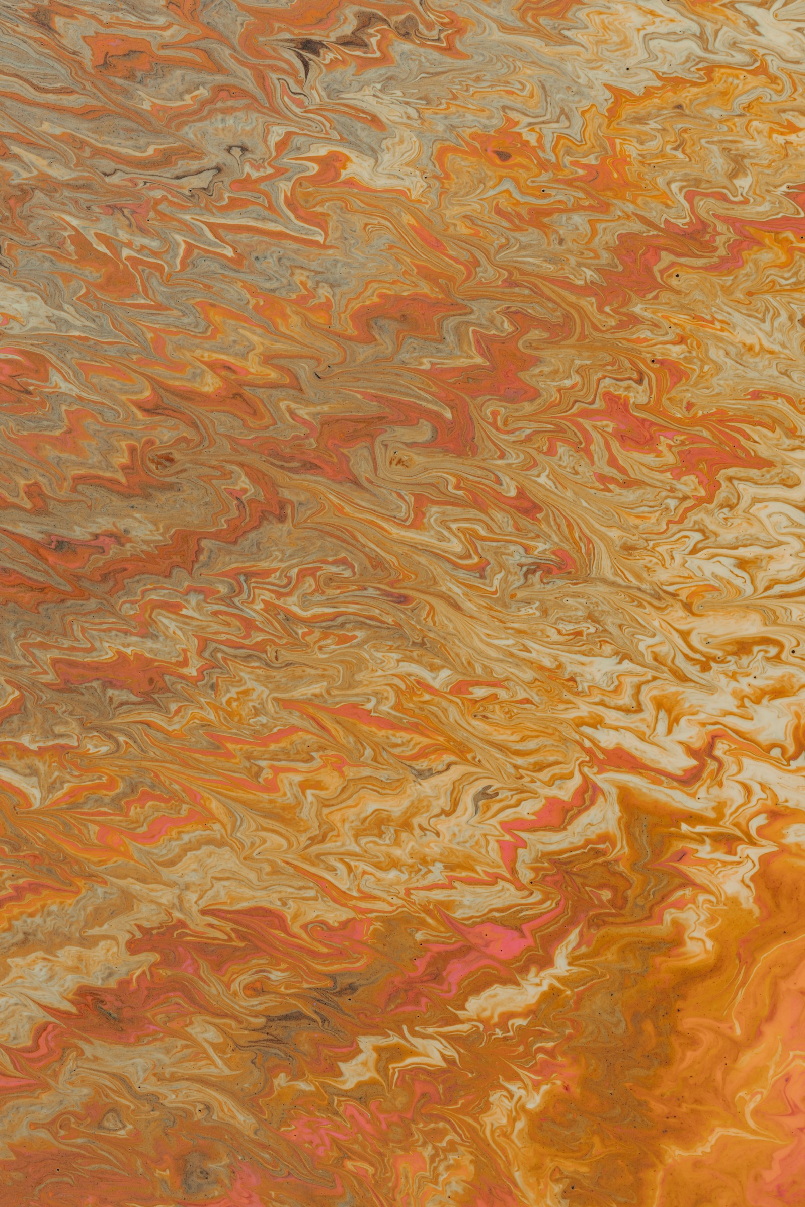 Arafly colored water surface with a bird flying over it (abstraction, painting, acrylic paint, orange, peach)