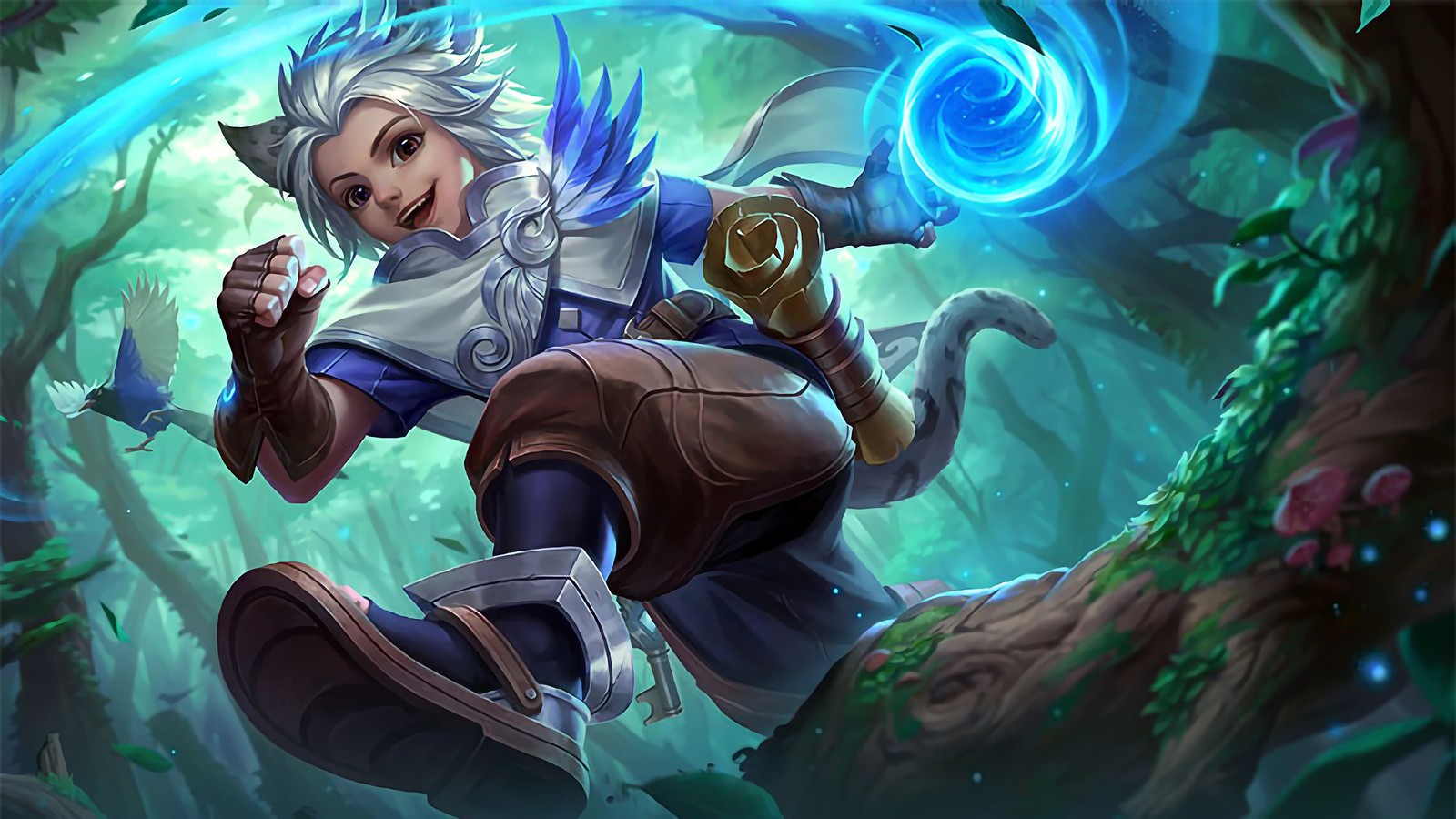 Una mujer con una camisa blanca y pantalones azules sosteniendo una bola azul (harith, mobile legends, videojuego)