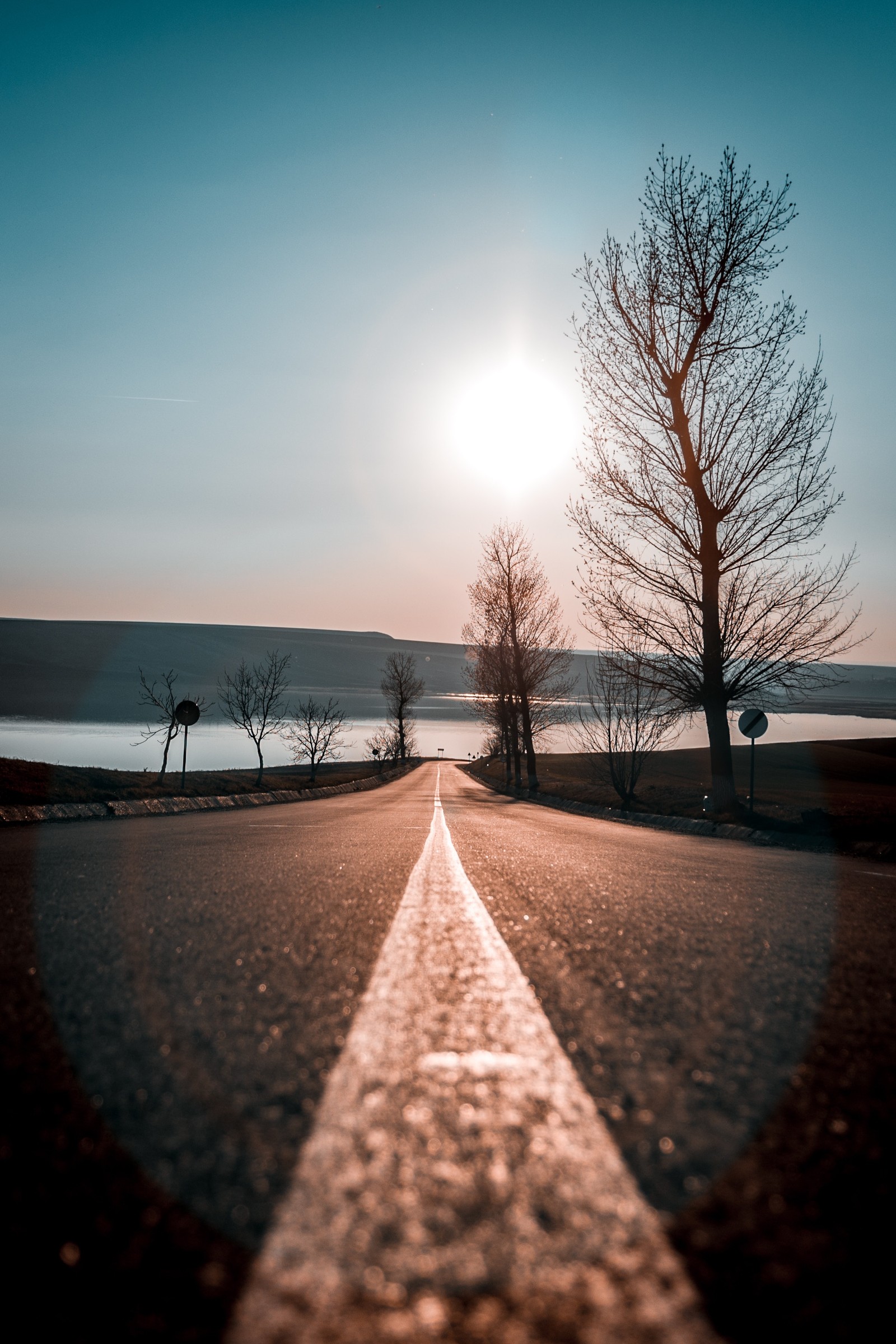 C'est une image d'une route avec une ligne blanche dessus (arbre, paysage naturel, matin, hiver, neige)