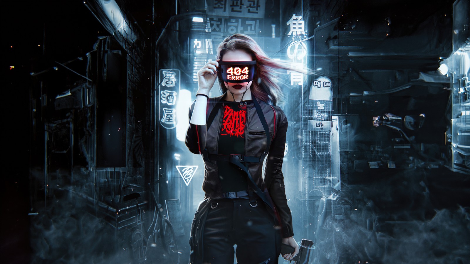 A woman in a black outfit holding a knife and a gun (404 error, cyberpunk girl, 404 not found, future tech, futuristic)