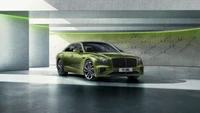 2024 Bentley Flying Spur in Lebhaftem Grün mit Modernem Architektonischen Hintergrund