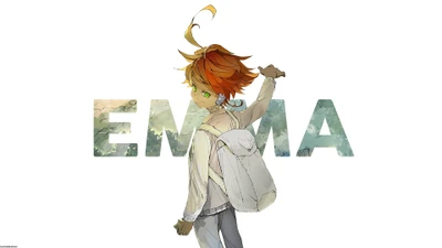 Emma de "The Promised Neverland" se tient confiante avec un sac à dos, entourée d'un arrière-plan vibrant inspiré de la nature.