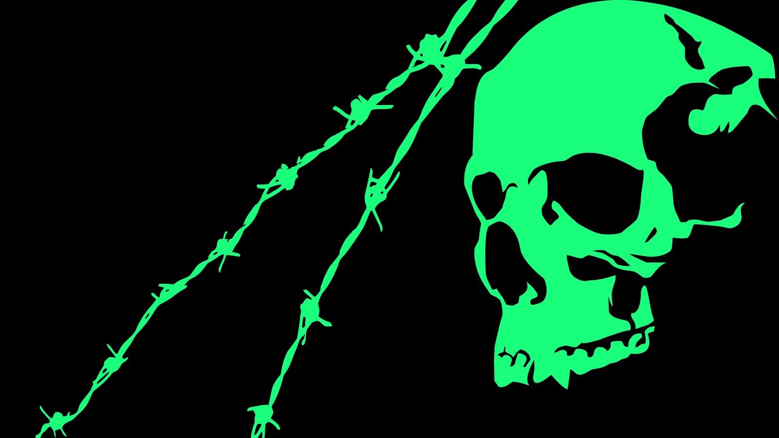 A close up of a skull with barbed wire on a black background (green, bone, graphic design, television, black)