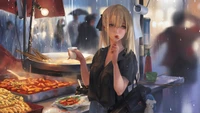 Chica de anime disfrutando comida callejera bajo la lluvia