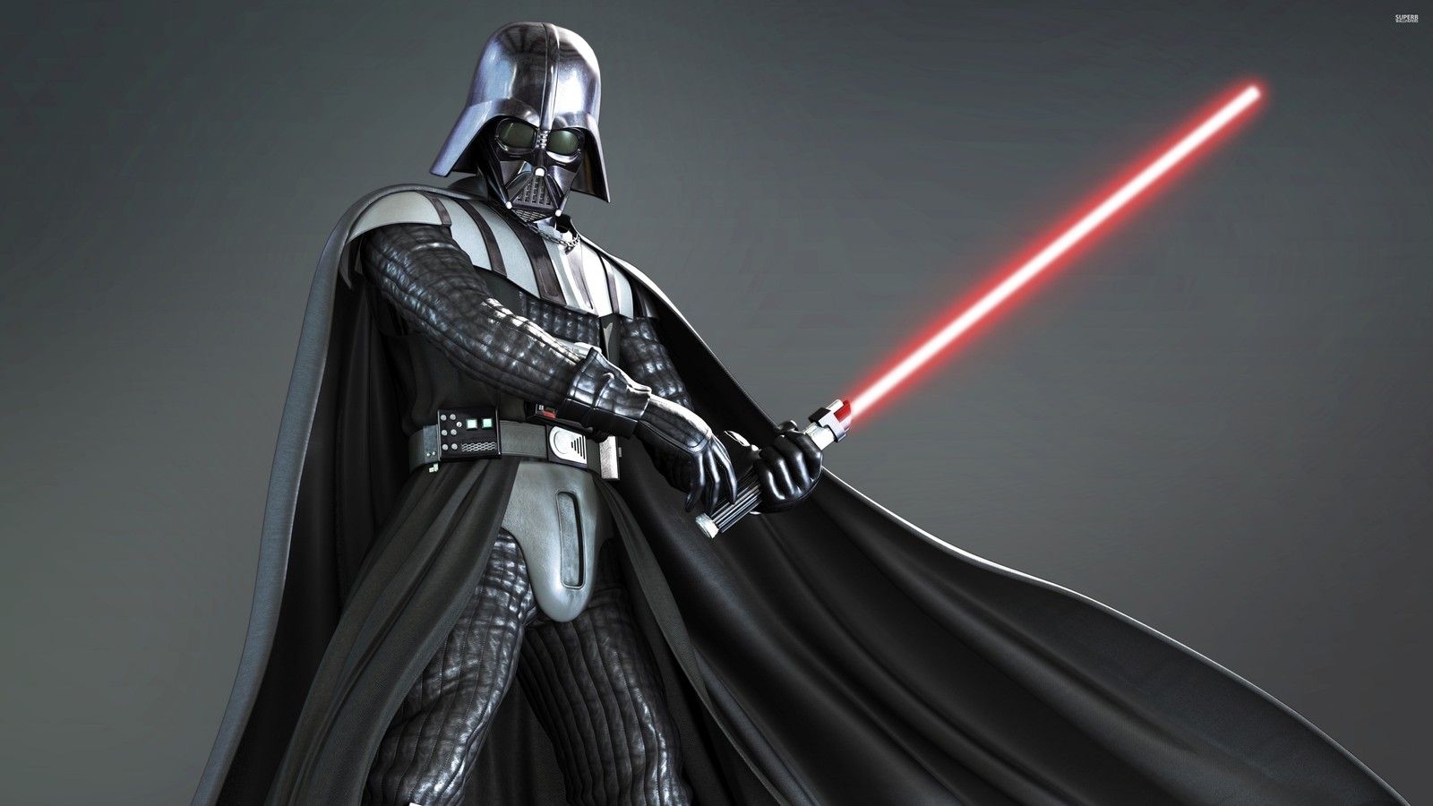 Darth vader with a red light saber standing in front of a gray background (star wars, action figure, darth, fictional character, youtube)