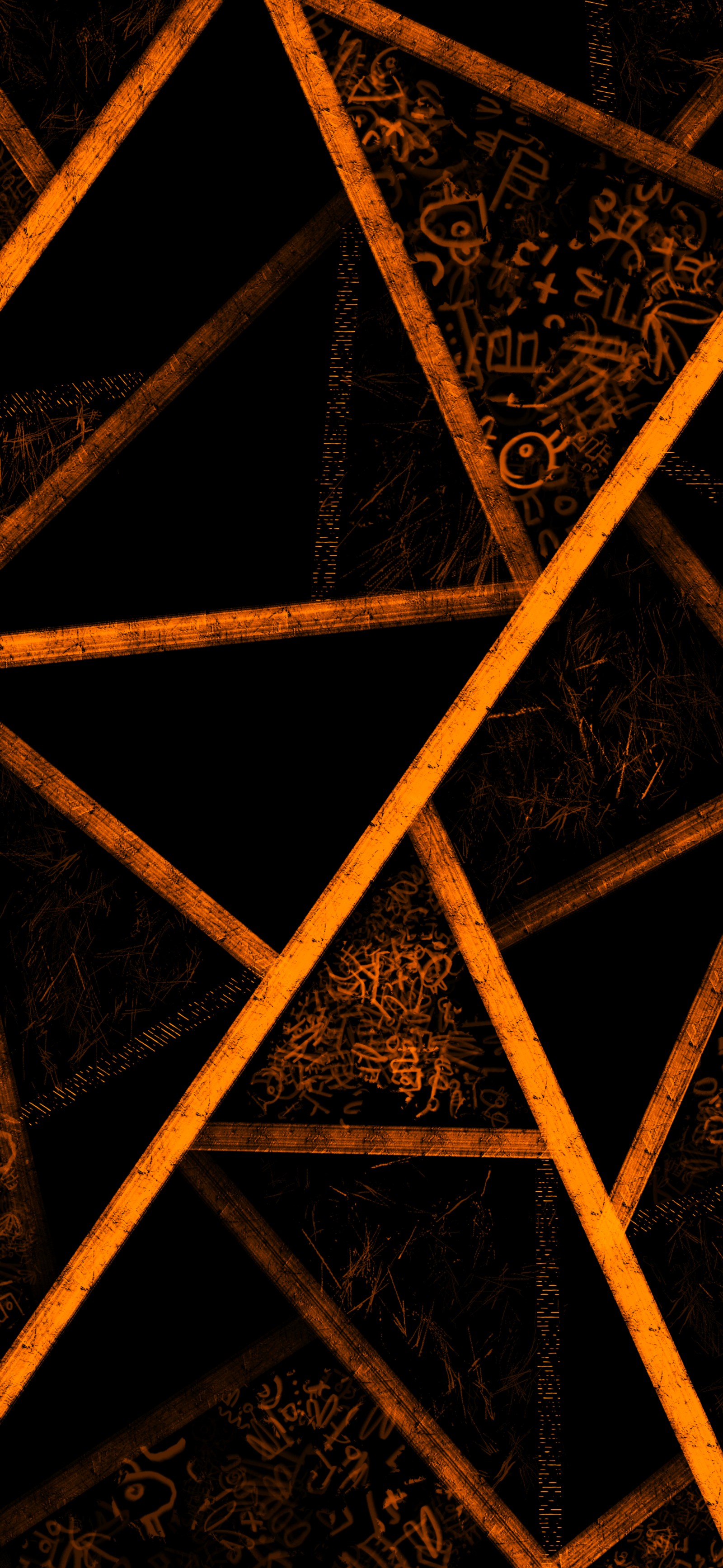 A close up of a black and orange background with a pattern of triangles (triangle, brown, wood, symmetry, rectangle)