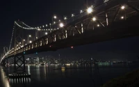 Ponte iluminada refletindo nas águas noturnas da metrópole