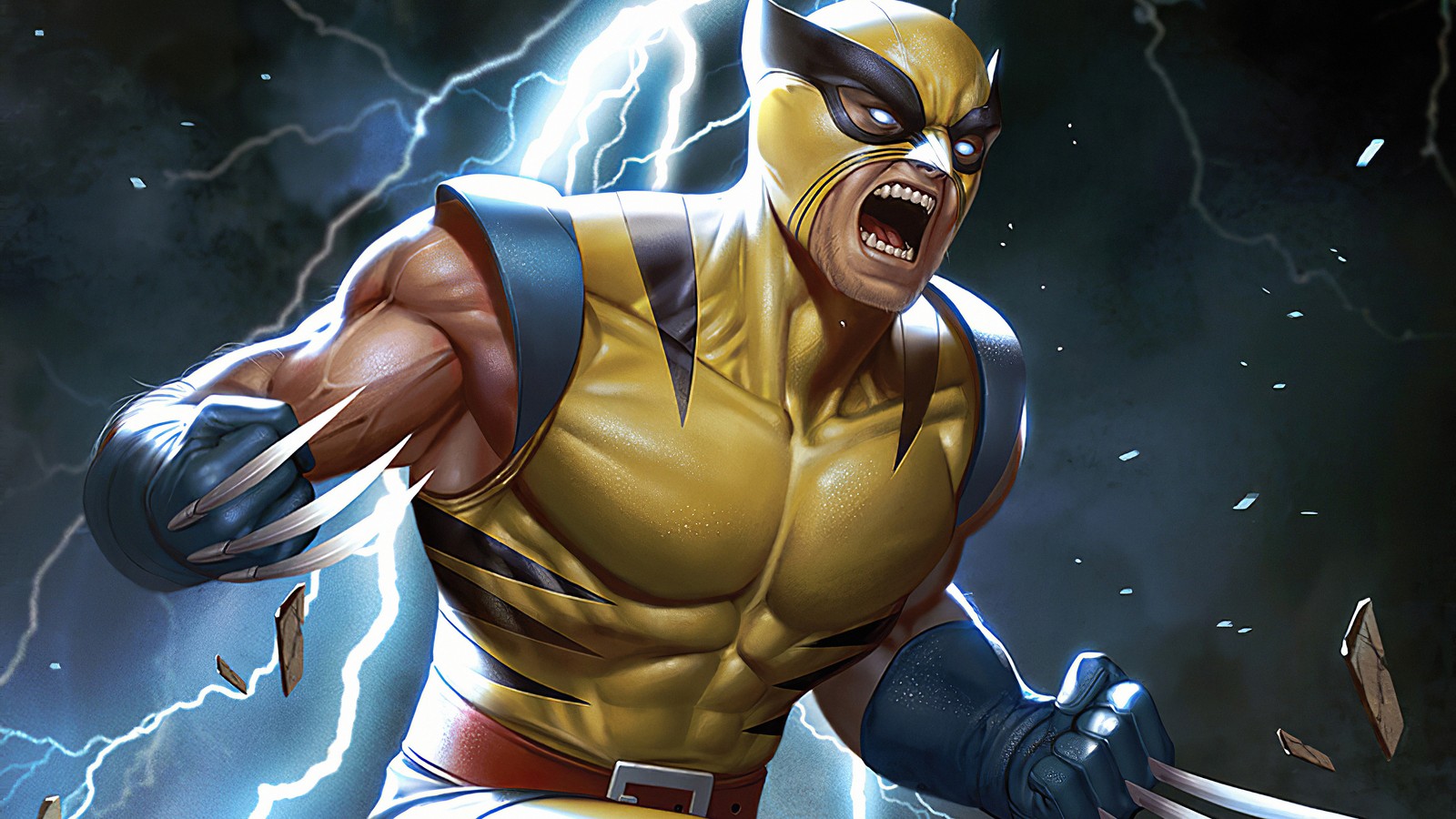 Wolverine in a yellow costume with a sword and lightning behind him (wolverine, marvel comics, comic book, comics, superhero)