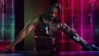 Cosplay de Johnny Silverhand dans un bar cyberpunk néon