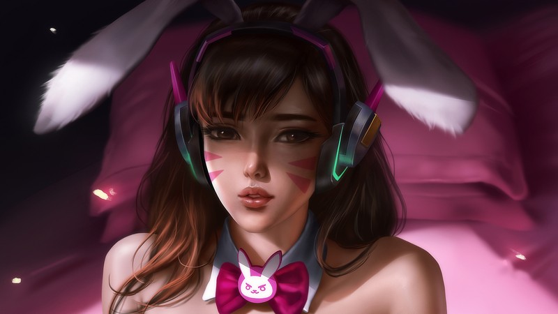 Аниме девушка с наушниками и бабочкой с кроликом на груди (dva, overwatch, видеоигра)