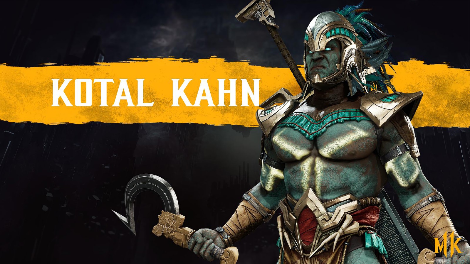 Мужчина в броне держит меч и меч в руке. (котал кан, kotal kahn, mortal kombat 11, видеоигра)