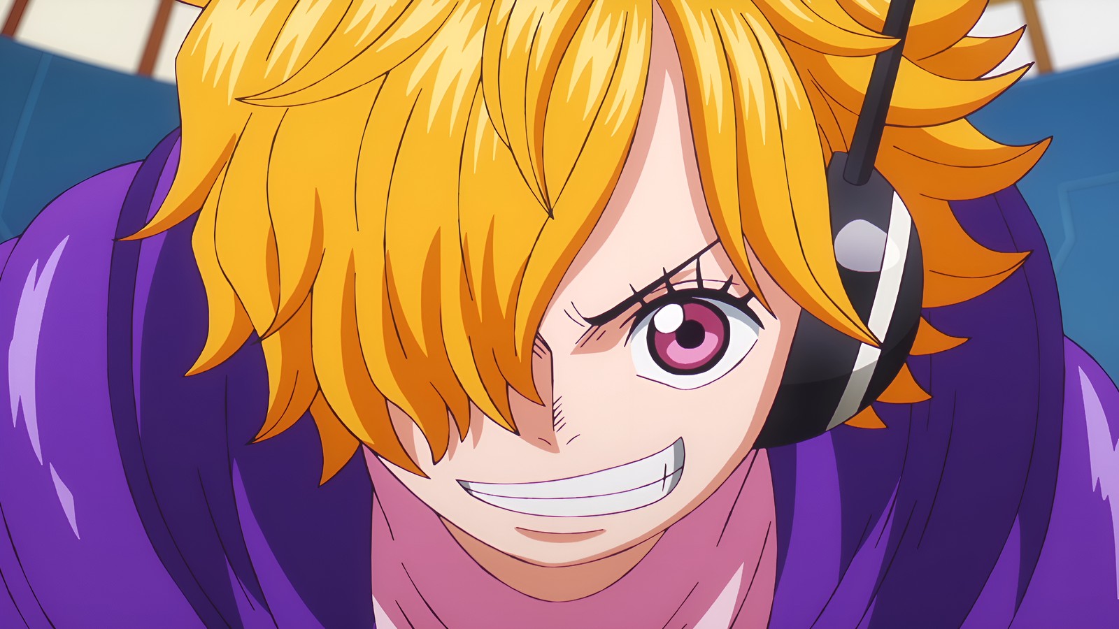 Un personaje de anime con auriculares sonriendo y mirando a la cámara (lilith, one piece, anime, fondo de pantalla 4k)