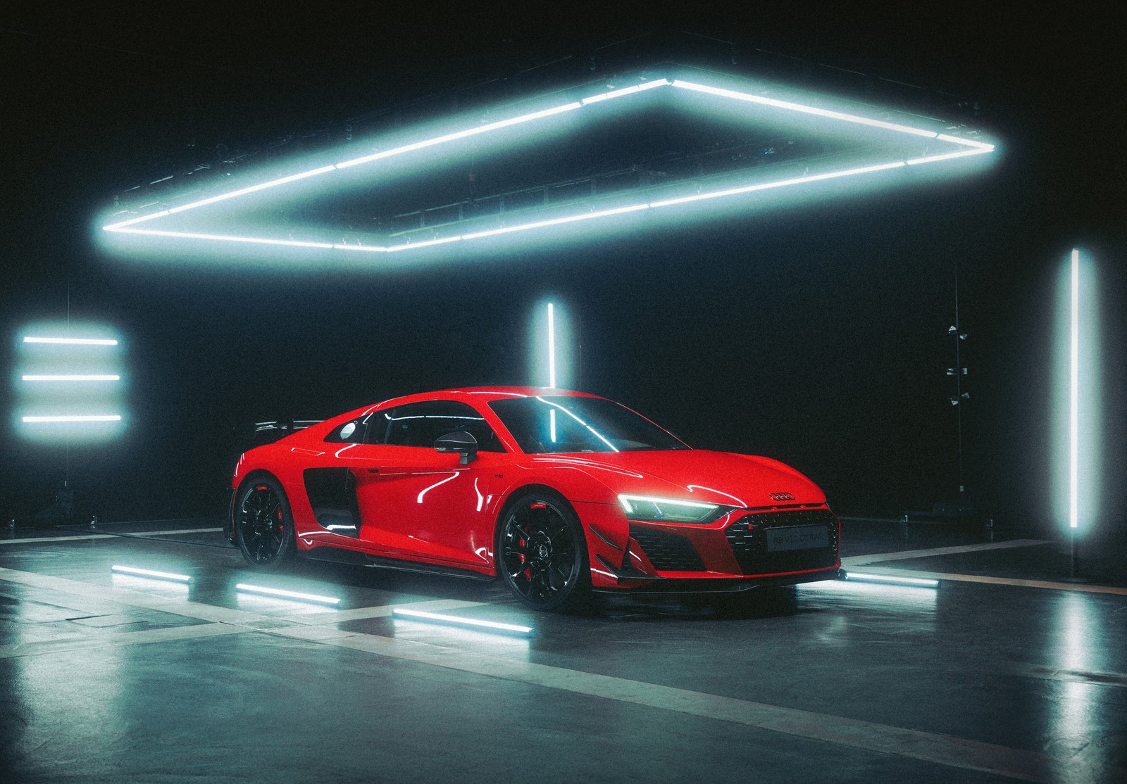 Un primer plano de un coche deportivo rojo en un garaje (audi r8 gt rwd, coche deportivo, 5k, 8k, coches)