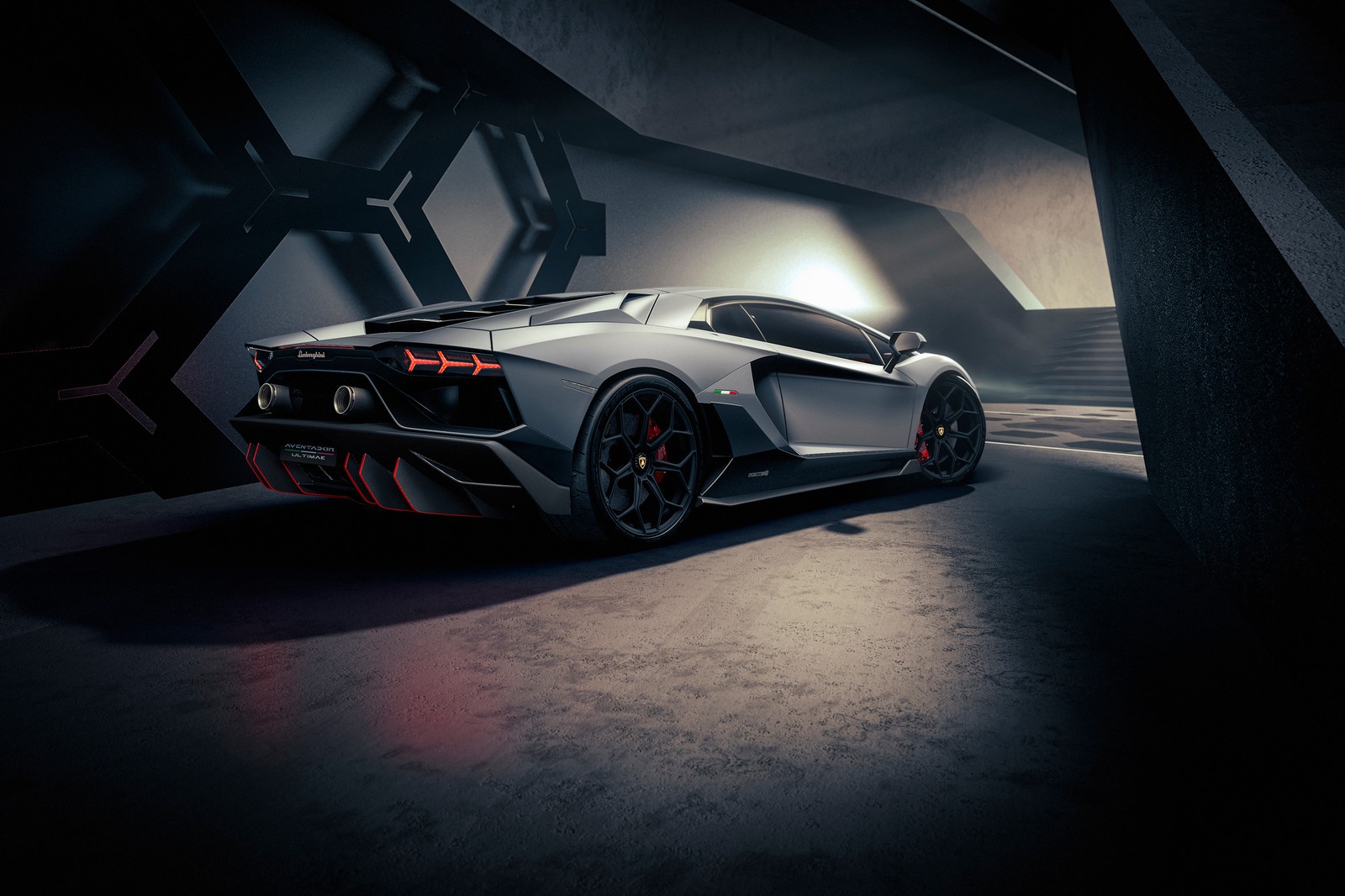 A close up of a white sports car in a dark room (lamborghini aventador lp 780 4 ultimae, dark, supercars, 2021, 5k)