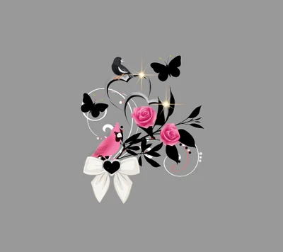 Colorful floral design featuring a pink bird, black butterflies, and roses against a gray background.