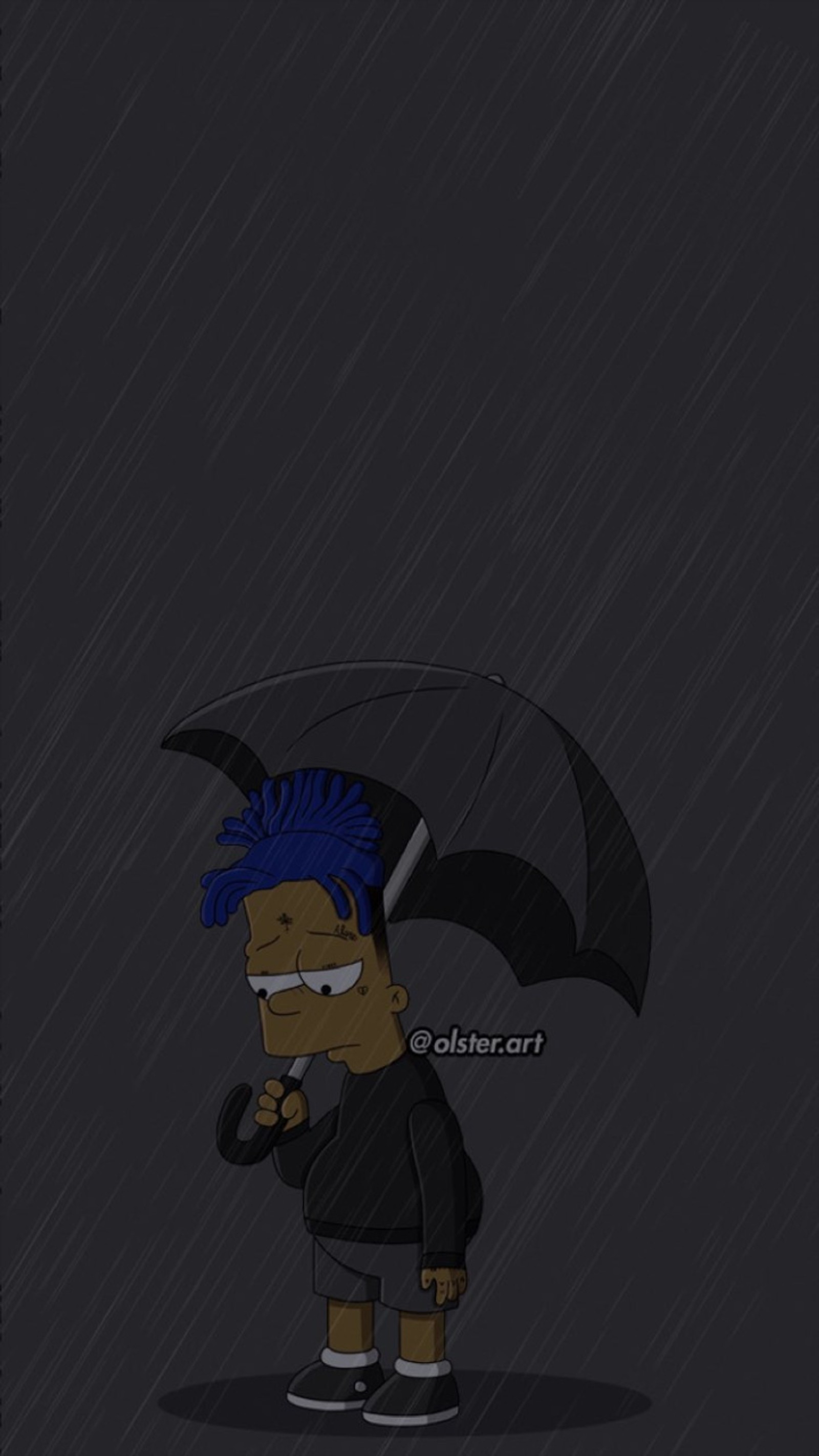 Dessin animé d'un homme aux cheveux bleus tenant un parapluie sous la pluie (rue, amour, design)