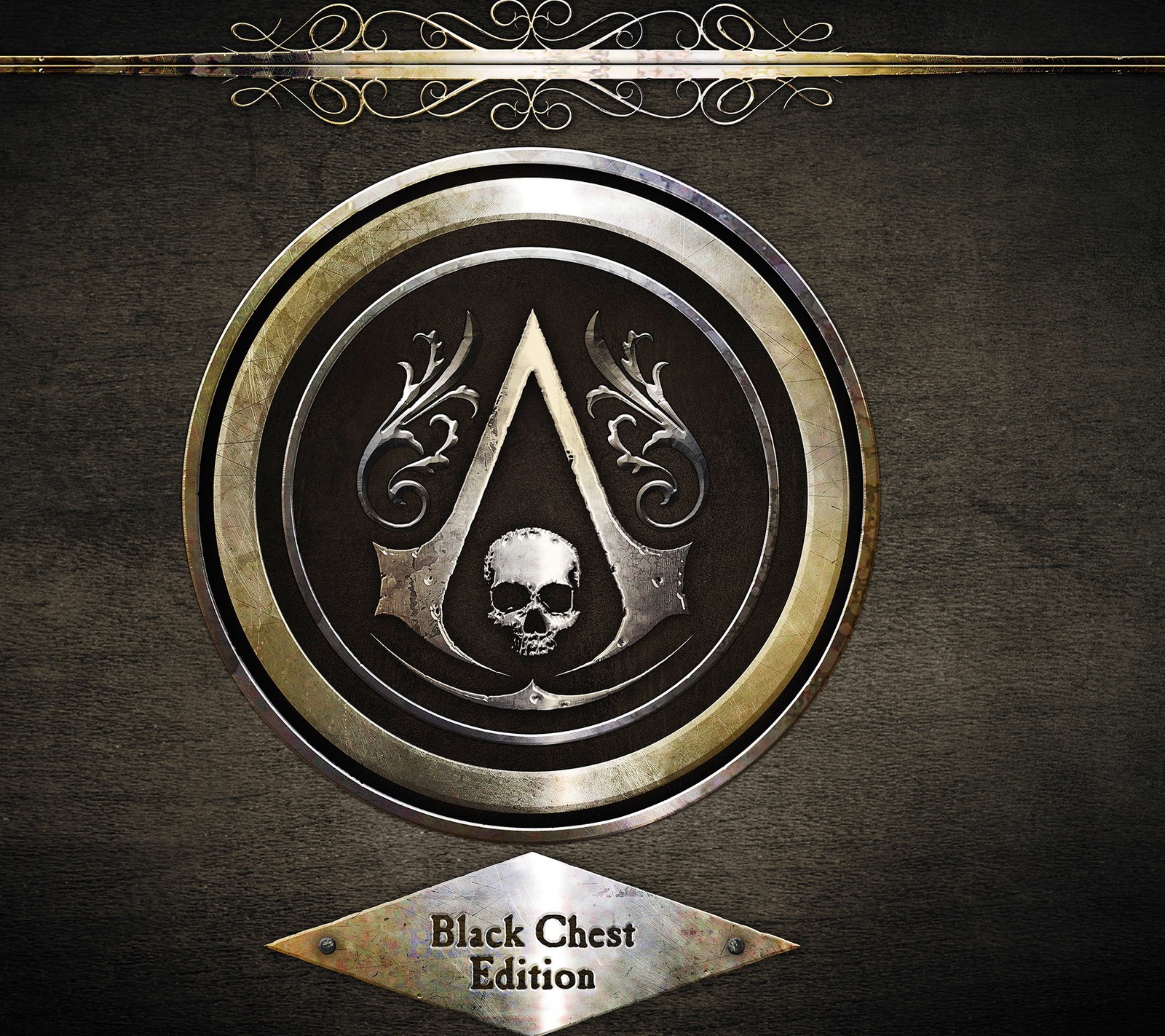 A close up of a black and gold logo with a skull (assassins, black, cheast, creed, edition)