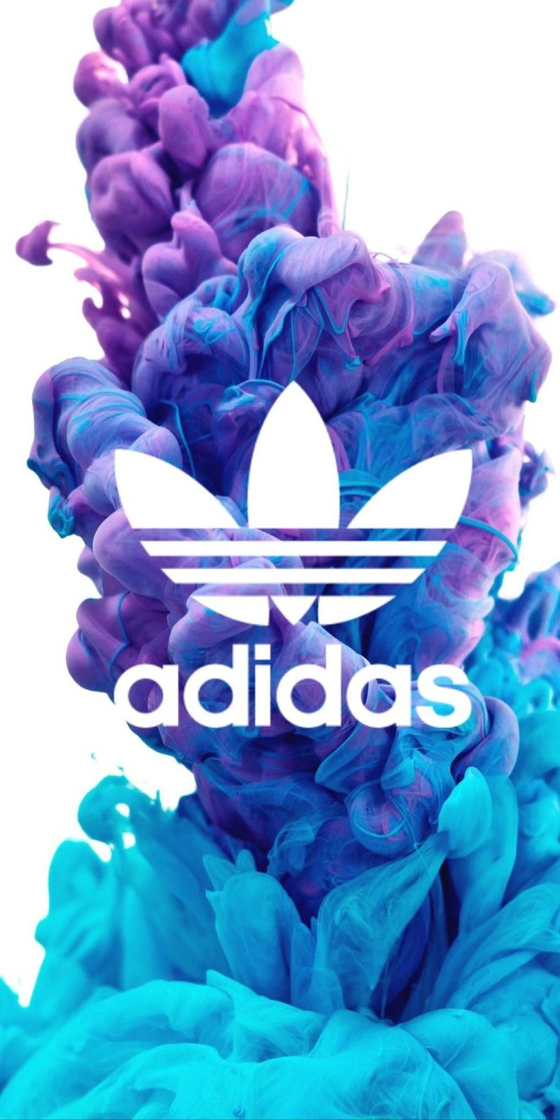 Логотип adidas на фоне синего и фиолетового дыма (логотипы, спорт)