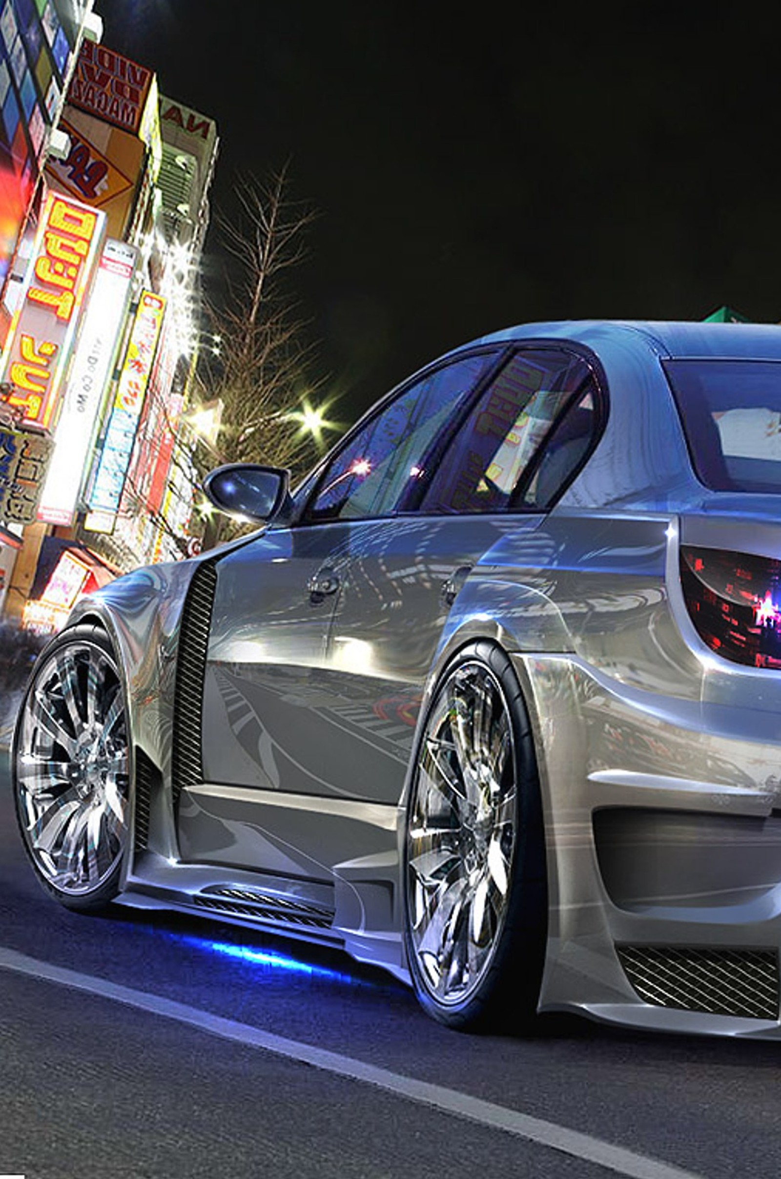 Arafed silver car with chrome wheels parked on a city street (car, modified, rims)