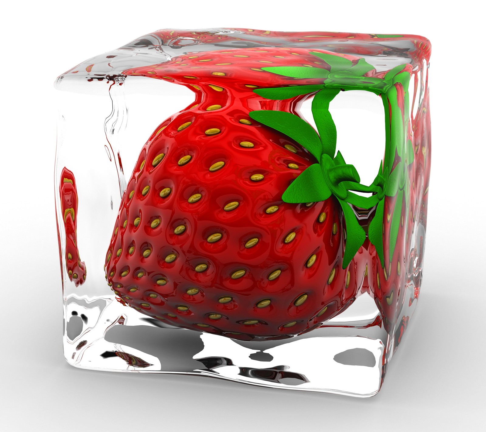 Araffe in a glass block with a strawberry inside of it (3d, cube, ice, strawberry)