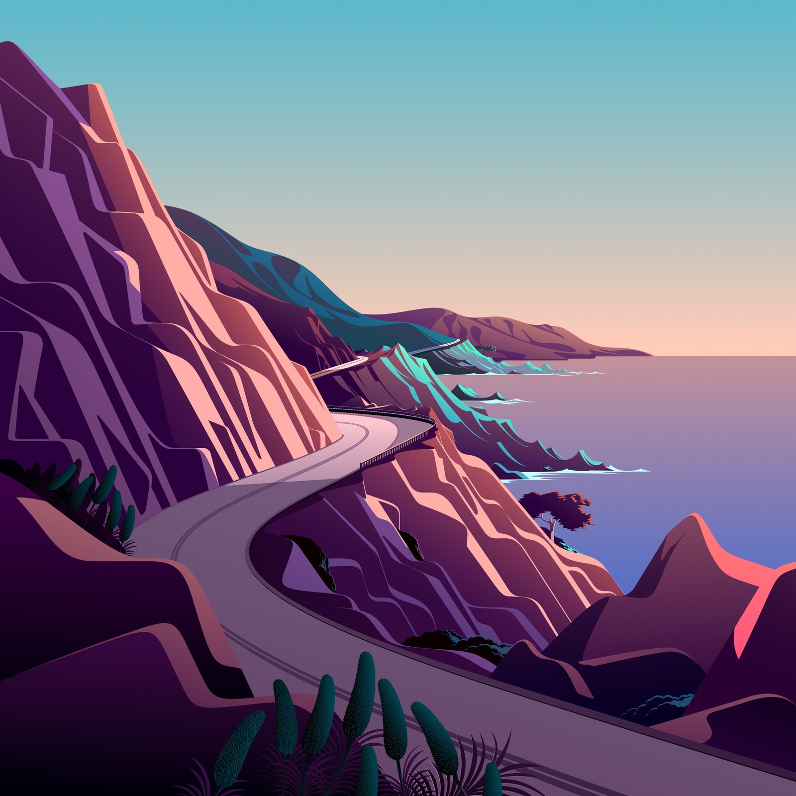 Illustration of a winding road going through a mountainous area (coastline, mountain pass, road, morning, daylight)