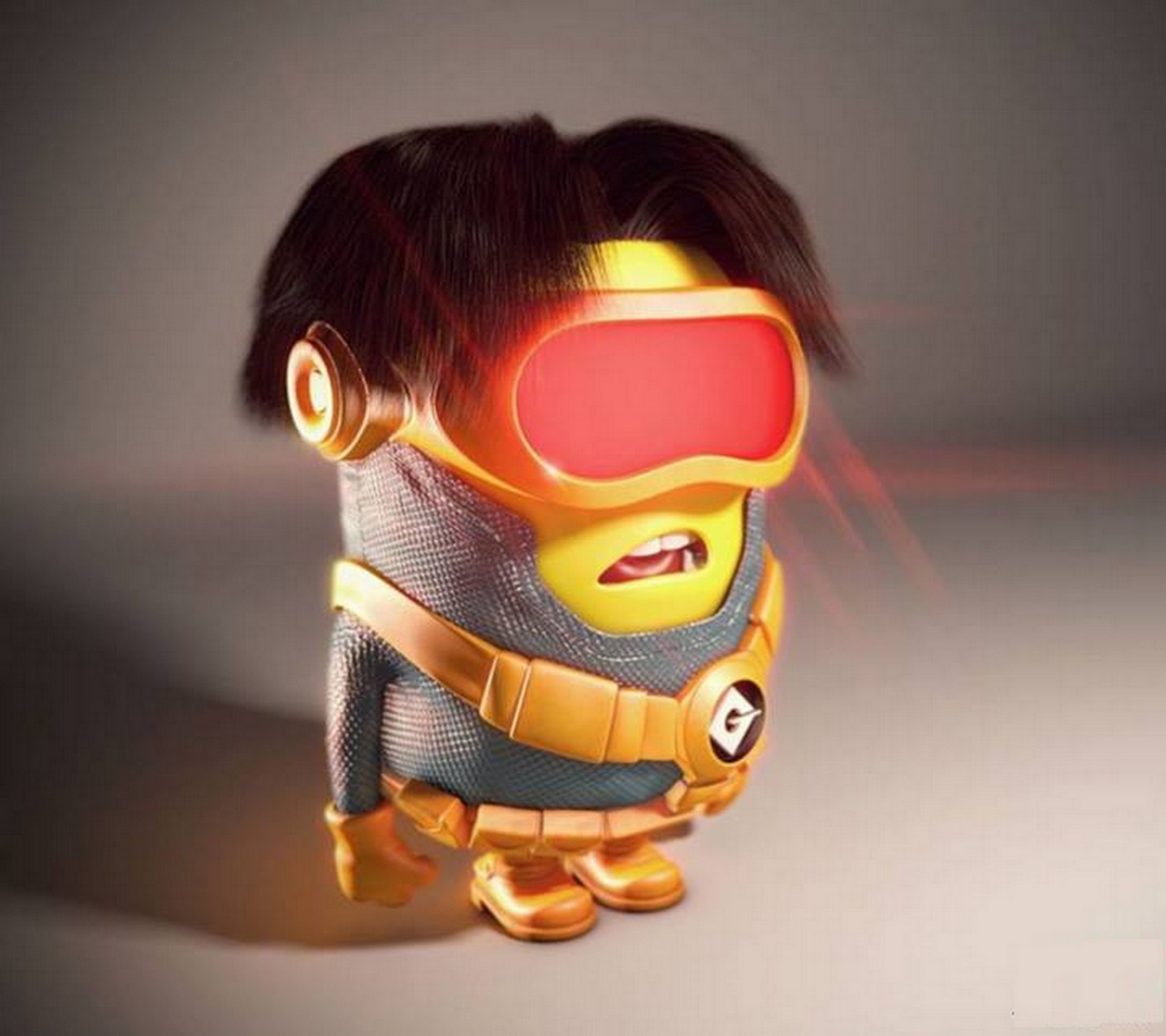 Un gros plan d'un jouet avec un œil rouge et un casque jaune (génial, cyclope, lunettes, minion, x men)