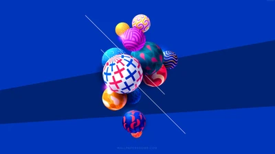 Colorful abstract spheres with intricate patterns against a vibrant blue background.