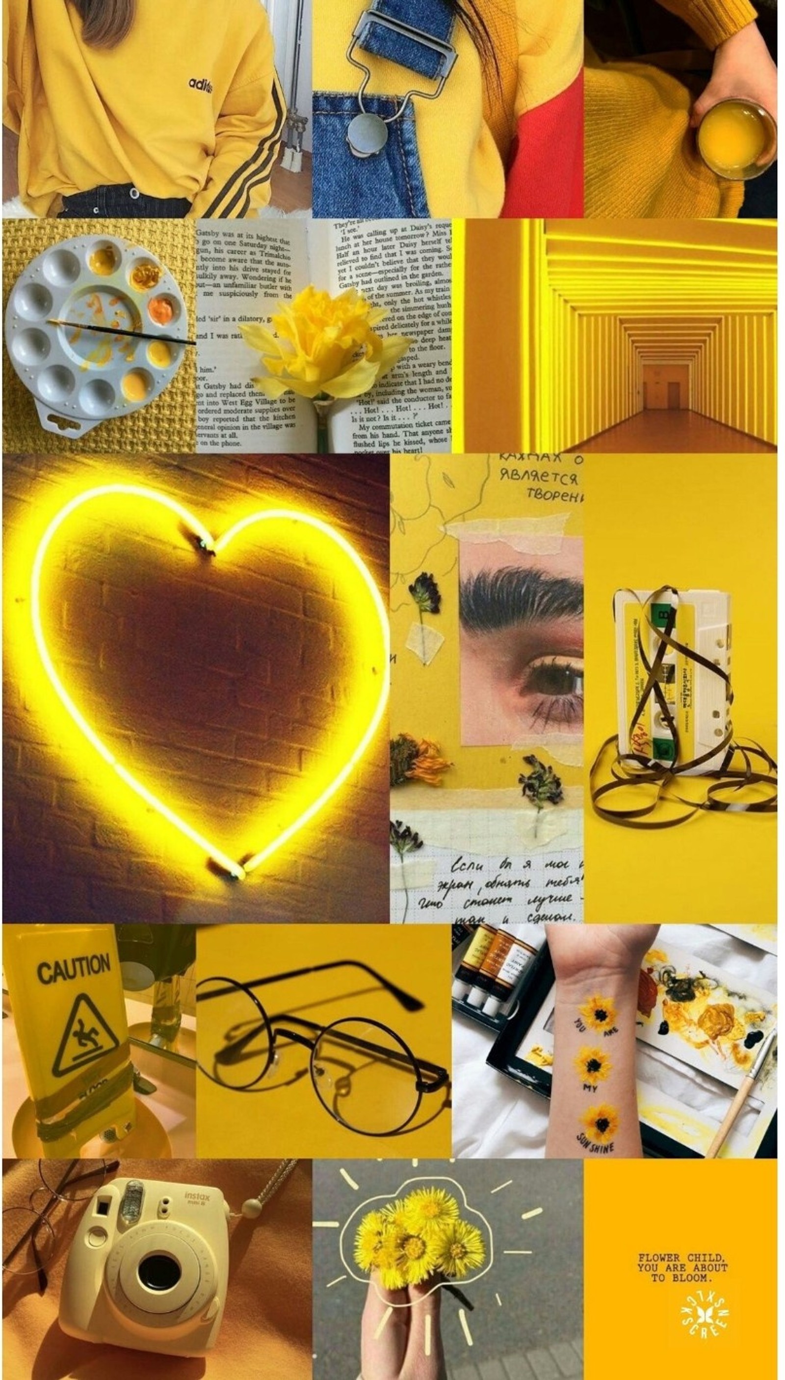 Gros plan d'un collage de photos avec du jaune et du noir (esthétique jaune, joli)