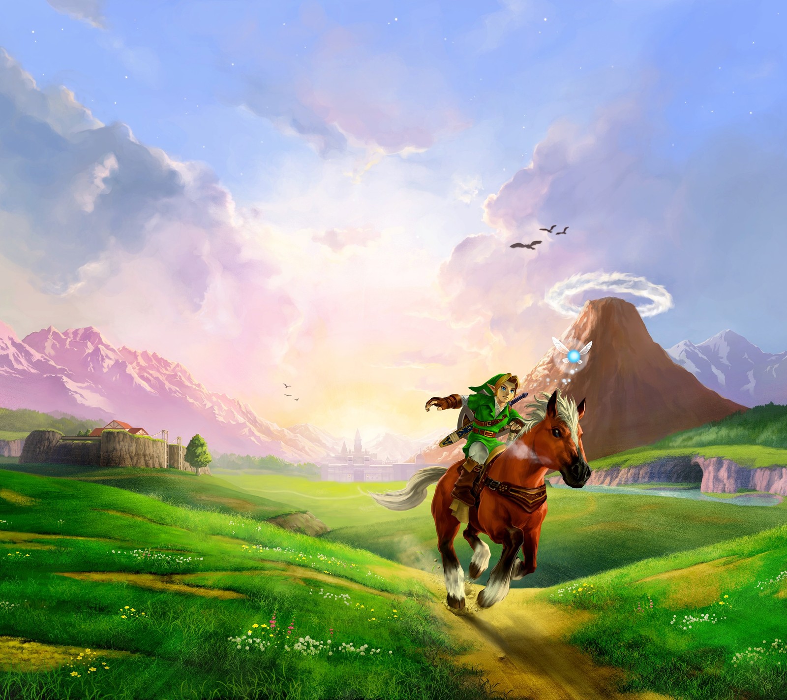 Arafed image of a woman riding a horse in a field (legend of zelda, link, loz, mm, n64)